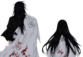 1boy 1girl anima_tion_1 black_hair bleach bleach:_sennen_kessen-hen blood blood_on_clothes from_behind haori height_difference holding holding_unworn_clothes japanese_clothes long_hair shihakusho taichou_haori unohana_retsu zaraki_kenpachi