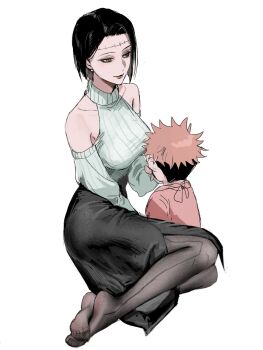 1boy 1girl aged_down back barefoot black_hair black_skirt breasts child clothing_cutout earrings fallsoki highres itadori_kaori itadori_yuuji jewelry jujutsu_kaisen kenjaku large_breasts long_sleeves looking_at_another looking_down medium_skirt mother_and_son multicolored_hair on_floor pantyhose pink_hair possessed possession ribbed_sweater scar scar_on_face scar_on_forehead short_hair shoulder_cutout side_slit skirt smile sphere_earrings spiked_hair sweater turtleneck turtleneck_sweater undercut white_sweater yellow_eyes