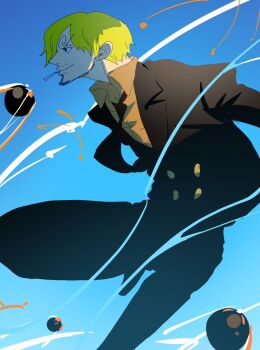 1boy black_suit blonde_hair blue_sky cannonball cigarette collared_shirt curly_eyebrows facial_hair flying formal_clothes goatee hashtag-only_commentary highres looking_ahead male_focus mrjieshisu mustache one_piece orange_shirt sanji_(one_piece) shirt short_hair sky smile solo suit