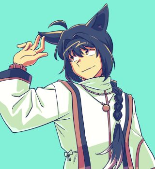 Rule 34 | 1other, ahoge, androgynous, animal ears, black hair, braid, braided ponytail, commentary, commission, dog ears, english commentary, fate/samurai remnant, fate (series), green background, hair intakes, hair over shoulder, highres, japanese clothes, jewelry, kemonomimi mode, looking to the side, necklace, orange eyes, other focus, single braid, smile, solo, upper body, vincent-san, waving, yamato takeru (fate)