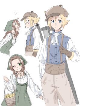 1boy 1girl aerith_gainsborough ahoge alternate_costume ascot bandaid bandaid_on_face bandaid_on_nose basket belt bervens12 blonde_hair blue_eyes blue_vest blush breasts brown_belt brown_gloves brown_hair brown_hat buster_sword choker cloud_strife cowboy_shot dirty dirty_face dress final_fantasy final_fantasy_tactics final_fantasy_vii flower flower_choker gloves green_dress green_eyes green_headscarf grey_pants hat headscarf highres holding holding_basket lily_(flower) long_sleeves medium_breasts multiple_views newsboy_cap official_alternate_costume one_eye_closed open_mouth pants parted_bangs shirt short_hair sidelocks sketch smile suspenders sword sword_on_back vest weapon weapon_on_back white_ascot white_shirt yellow_flower