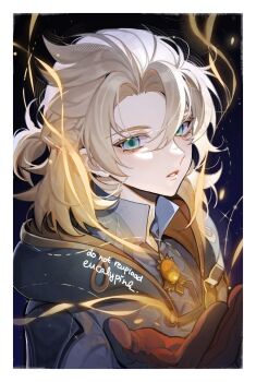 1boy albedo_(genshin_impact) aqua_eyes artist_name black_background blonde_hair blue_background blue_hoodie blue_shirt border braid brown_gloves eucalypink gem genshin_impact gloves gradient_background hair_between_eyes hand_up highres hood hoodie lips looking_at_viewer low_ponytail magic male_focus mandarin_collar open_clothes open_hoodie orange_gemstone ponytail scar scar_on_neck shirt short_hair short_ponytail short_sleeves solo teeth upper_body vision_(genshin_impact) white_border