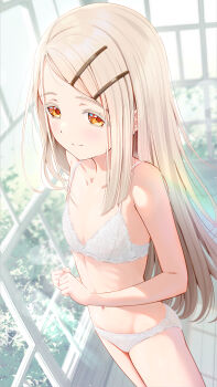 1girl absurdres bare_shoulders blonde_hair bra flat_chest fujinomiya_rio gakuen_idolmaster highres idolmaster indoors long_hair looking_at_viewer navel orange_eyes panties shinosawa_hiro solo underwear underwear_only white_bra white_panties