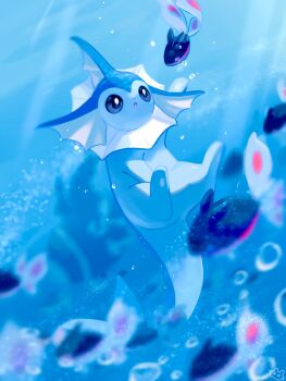 Rule 34 | air bubble, animal focus, blue eyes, blue fur, bubble, cetacean tail, commentary request, finneon, fins, fish, fish tail, forked tail, gen 1 pokemon, gen 4 pokemon, harumomo (@harumomo123456), head fins, highres, lumineon, nintendo, no humans, open mouth, parted lips, pokemon, pokemon (creature), pokemon focus, swimming, tail, underwear, vaporeon, water