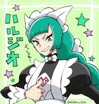 1girl apron black_romper blunt_bangs bow bowtie braid braided_ponytail commentary_request green_hair grin highres juliet_sleeves lebanne_(pokemon) long_braid long_hair long_sleeves maid maid_apron maid_headdress mega_stone nintendo oistar0704 pokemon pokemon_legends:_z-a puffy_sleeves romper smile solo thumbs_up translation_request tsurime v-shaped_eyebrows white_bow white_bowtie