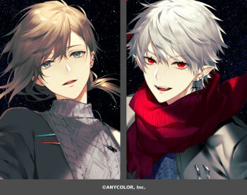 2boys :d akke_(akke299) aran_sweater black_jacket blue_eyes blue_sweater brown_hair cable_knit ear_piercing earrings fangs fringe_trim grey_eyes grey_hair grey_jacket grey_sweater hair_between_eyes jacket jewelry kanae_(nijisanji) kuzuha_(nijisanji) long_hair looking_at_viewer low_ponytail male_focus mole mole_under_eye multiple_boys necklace night nijisanji open_clothes open_jacket open_mouth parted_lips piercing pointy_ears ponytail red_eyes red_scarf ribbed_sweater scarf sky smile split_screen star_(sky) starry_sky sweater teeth turtleneck turtleneck_sweater upper_body upper_teeth_only vampire virtual_youtuber white_hair zipper zipper_pull_tab