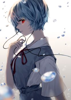 1girl ayanami_rei blue_hair blue_shirt blue_skirt breasts cable ceru collared_shirt earbuds earphones glowing glowing_eyes highres large_breasts looking_at_viewer medium_breasts neck_ribbon neon_genesis_evangelion open_mouth original red_eyes red_ribbon ribbon school_uniform shirt short_hair skirt tokyo-3_middle_school_uniform undershirt water water_drop white_background white_shirt wire
