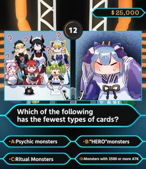 Rule 34 | 6+girls, ?, alternate language, antique phone, apron, ascot, black dress, black hair, black horns, black wings, blonde hair, blue hair, braid, chamber dragonmaid, closed eyes, collar, collared dress, commentary request, contrast collar, countdown timer, crown braid, detached collar, dollar sign, dragon girl, dragon horns, dragon wings, dress, duel monster, english text, glasses, green hair, hair between eyes, hat, hatano kiyoshi, highres, holding, holding pen, horns, house dragonmaid, juliet sleeves, kitchen dragonmaid, lady's dragonmaid, laundry dragonmaid, long hair, long sleeves, low wings, maid, maid apron, maid headdress, mob cap, multiple girls, nurse dragonmaid, open mouth, paper, parlor dragonmaid, pen, phone, pink eyes, pink hair, puffy sleeves, purple eyes, red ascot, red hair, red wings, rotary phone, short hair, sidelocks, sweatdrop, translation request, victorian maid, white apron, who wants to be a millionaire?, wings, wrist cuffs, yu-gi-oh!