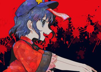 Rule 34 | 1girl, black background, blood, blood splatter, blue hair, commentary request, fangs, from side, grey eyes, hat, hat ornament, itomugi-kun, jiangshi, looking at viewer, miyako yoshika, ofuda, ofuda on head, open mouth, outstretched arms, red background, red shirt, shirt, short hair, short sleeves, solo, star (symbol), star hat ornament, touhou, zombie pose