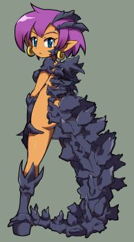 1girl absurdres ass blue_eyes boots breasts completely_nude cosplay dark-skinned_female dark_skin earrings full_body gloves godzilla godzilla_(cosplay) godzilla_(series) hands_on_own_thighs highres hoop_earrings jewelry kaiju long_hair looking_at_viewer looking_back medium_breasts niyuyu00 nude pointy_ears purple_hair shantae shantae_(series) shiny_skin solo tail tan toho very_long_hair wayforward