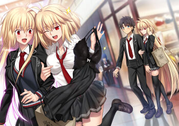 1boy 4girls absurdres archetype_earth archetype_earth_(third_ascension) arcueid_brunestud arcueid_brunestud_(mooncancer) besmiled black_dress black_hair black_jacket black_skirt black_sweater black_thighhighs blonde_hair blue_hair blush breasts ciel_(tsukihime) collared_shirt commentary commission dress english_commentary fate/grand_order fate_(series) flustered fujimaru_ritsuka_(male) highres jacket large_breasts long_hair long_sleeves looking_at_viewer multiple_girls multiple_persona necktie one_eye_closed open_mouth pixiv_commission pseudo-tokyo_school_uniform red_eyes revision school_uniform shirt short_hair sitting skirt smile sparkle sweater thighhighs tsukihime tsukihime_(remake) type-moon very_long_hair white_shirt