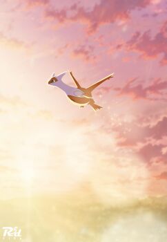 absurdres alternate_color artist_name cloud flying gen_3_pokemon green_eyes highres latias legendary_pokemon lens_flare nintendo no_humans orange_sky pokemon pokemon_(creature) r3dfive scenery shiny_pokemon sky sparkle sunset