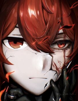 Rule 34 | 1boy, artist name, black gloves, blood, blood on face, broken mask, closed mouth, cracked kawaii mask, diluc (genshin impact), empty eyes, genshin impact, gloves, hair between eyes, hand on own face, hands up, jewelry, leather, leather gloves, male focus, mask, red eyes, red hair, ring, shiraki (y aira srk), solo, sparkle