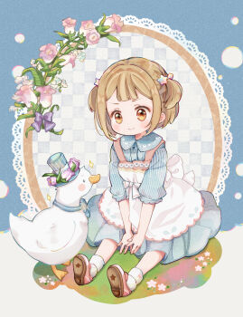 1girl absurdres animal apron back_bow bellflower between_legs bird blonde_hair blue_background blue_bow blue_bowtie blue_dress blush_stickers bow bowtie brown_eyes buttons center-flap_bangs child circle_skirt clothed_animal collared_dress commentary_request dot_nose double-parted_bangs dress duck fingernails flower hacosumi hair_ornament hand_between_legs hat hat_flower highres inset_border looking_at_animal medium_dress mini_hat mini_top_hat original outstretched_legs own_hands_together pink_flower pink_shoes print_shoes puffy_short_sleeves puffy_sleeves shoes short_hair short_sleeves sidelocks sitting smile socks solo star_(symbol) star_hair_ornament star_print striped_clothes striped_dress top_hat two_side_up vertical-striped_clothes vertical-striped_dress white_apron white_bow white_socks