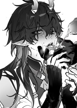 Rule 34 | 1other, 2boys, absurdres, blush, cum, cum in mouth, dan heng (honkai: star rail), dan heng (imbibitor lunae) (honkai: star rail), dragon horns, fellatio, grabbing another's chin, greyscale, hamtaru542899, hand on another's chin, highres, honkai: star rail, honkai (series), horns, image sample, monochrome, mors gn, multiple boys, one eye closed, oral, pixiv sample, pointy ears, solo focus, twitter, white background, yaoi
