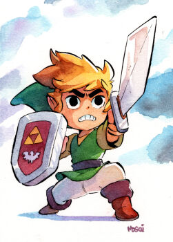 1boy artist_name blonde_hair boots clenched_teeth commentary english_commentary frown full_body green_hat green_shirt hat highres holding holding_shield holding_sword holding_weapon link male_focus mosqi nintendo pants pointy_ears shield shirt solo sword teeth the_legend_of_zelda the_legend_of_zelda:_the_wind_waker toon_link tunic weapon white_pants