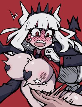 1boy 1girl @_@ absurdres blush breasts demon demon_girl demon_tail embarrassed gloves gyu_(kgh9081) helltaker highres lucifer_(helltaker) open_mouth red_background red_eyes slapping tail white_gloves white_hair