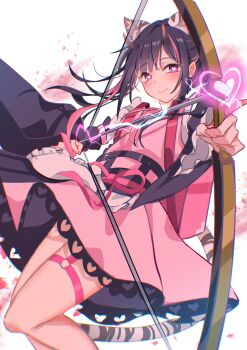 1boy animal_ear_fluff animal_ears black_hair bow cho_kaguya-hime! cocoa2080 commentary crossdressing crossdressing_(mtf) heart highres horns japanese_clothes komazawa_noi long_hair multicolored_hair pink_eyes solo symbol-only_commentary two-tone_hair