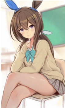 Rule 34 | 1girl, admire vega (umamusume), alternate costume, animal ears, bare legs, blue bow, blue bowtie, bow, bowtie, brown cardigan, brown hair, brown skirt, cardigan, chair, closed mouth, commentary request, crossed legs, feet out of frame, gyaru, hair between eyes, highres, horse ears, horse girl, horse tail, legs, long hair, long sleeves, looking at viewer, miniskirt, nannacy7, on chair, pleated skirt, red eyes, sitting, skirt, smile, solo, tail, thighs, umamusume