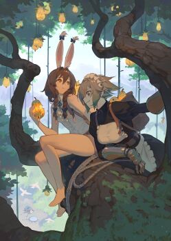 2girls animal_ear_fluff animal_ears apron arm_armor bag barefoot basket belt bird black_dress bow braid breasts brown_belt brown_hair brown_shorts bunny_girl_(timbougami) dress ear_bow eating food forest frilled_apron frills fruit highres holding holding_food holding_fruit in_tree maid maid_apron maid_headdress medium_breasts medium_hair moss multiple_girls nature original pear plant rabbit_ears rabbit_girl rope sharp_teeth shirt short_hair shorts sitting sitting_in_tree sleeveless sleeveless_shirt small_breasts sweat teeth thighs timbougami tree twin_braids vines white_apron white_shirt yellow_eyes