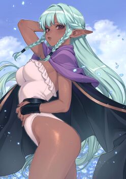 1girl absurdres artist_name black_cape blue_sky braid breasts cape capelet closed_mouth cloud commentary dark-skinned_female dark_elf dark_skin day elf green_hair highres lips long_hair looking_at_viewer medium_breasts outdoors pointy_ears purple_capelet red_eyes rosalinde_(unicorn_overlord) sky solo thighs twin_braids unicorn_overlord very_long_hair yiiande