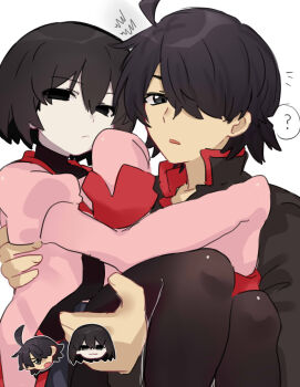Rule 34 | 1boy, 1girl, :3, ?, ^^^, absurdres, ahoge, araragi koyomi, black eyes, black hair, black jacket, black necktie, black pantyhose, black shirt, black skirt, bob cut, carrying, carrying person, chibi, chibi inset, closed mouth, commentary, empty eyes, gakuran, hair between eyes, hair over one eye, hand on another's back, hand on another's shoulder, hand on another's thigh, hand on own cheek, hand on own face, hand up, high collar, highres, jacket, juliet sleeves, light frown, long sleeves, looking at viewer, mixed-language commentary, monogatari (series), naoetsu high school uniform, necktie, notice lines, open mouth, oshino ougi, pale skin, pantyhose, parted lips, pink shirt, pleated skirt, princess carry, puffy long sleeves, puffy sleeves, red trim, school uniform, shirt, short hair, skirt, sleeves past fingers, sleeves past wrists, speech bubble, spoken question mark, tsugumi (tgm 615486), turtleneck, undershirt, white background
