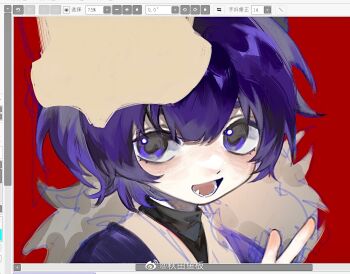 Rule 34 | 1boy, aoi (cariiiie), art program in frame, chinese commentary, commentary request, copyright request, fang, japanese clothes, kimono, male focus, mask, mask on head, open mouth, painttool sai, painttool sai (medium), portrait, purple eyes, purple hair, purple kimono, red background, short hair, smile, solo, turtleneck, unfinished, watermark, weibo watermark