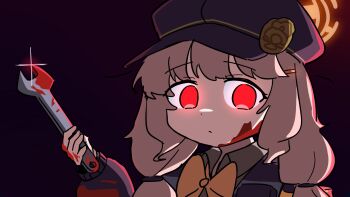 Rule 34 | 1girl, aoba (blue archive), black background, blonde hair, blood, blood on clothes, blood on face, blood on hands, blood on tool, blue archive, blue hat, bow, bowtie, brown shirt, glint, glowing, glowing eyes, hair intakes, hair ornament, hairclip, halo, hands up, hat, highres, holding, holding wrench, long hair, long sleeves, looking at viewer, low twintails, newsboy cap, raw beef, red eyes, shirt, solo, twintails, wavy mouth, wrench, yellow bow, yellow bowtie, yellow halo