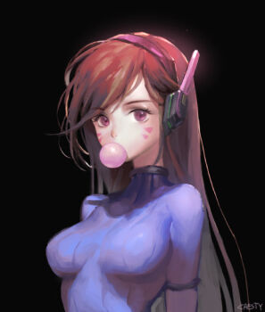 1girl arms_at_sides artist_name black_background blowing_bubble_gum blowing_bubbles blue_bodysuit bodysuit breasts breasts_apart brown_hair caesty chewing_gum d.va_(overwatch) facepaint facial_mark female_focus headphones mecha_pilot_suit medium_breasts overwatch overwatch_1 purple_eyes ribbed_bodysuit simple_background skin_tight solo swept_bangs turtleneck upper_body whisker_markings