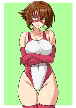 1girl absurdres breasts brown_hair collarbone commentary_request commission competition_swimsuit cowboy_shot crossed_arms elbow_gloves eye_mask gloves green_background green_eyes highres kantai_collection large_breasts mask mutsu_(kancolle) mutsu_kai_ni_(kancolle) one-piece_swimsuit pixiv_commission red_gloves red_mask red_one-piece_swimsuit red_thighhighs short_hair smile solo swimsuit thighhighs two-tone_swimsuit wrestling_outfit yuuyuu_(3jjbn)