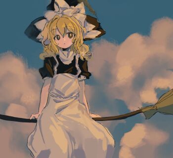 1girl apron black_shirt blonde_hair blue_sky bow braid broom broom_riding closed_mouth cloud dot_mouth dress embodiment_of_scarlet_devil expressionless hair_between_eyes hair_bow hat highres kirisame_marisa long_dress medium_hair puffy_short_sleeves puffy_sleeves ribbon seiryo0425 shirt short_sleeves single_braid sky solo touhou waist_apron white_bow white_hat witch_hat