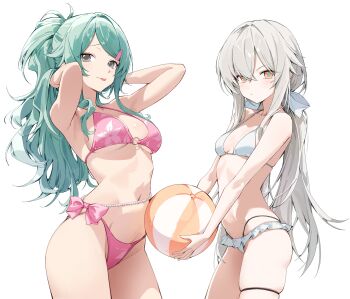 2girls beach_volleyball bikini character_request copyright_request green_hair grey_hair long_hair multiple_girls navel pockycat swimsuit thigh_strap very_long_hair white_background