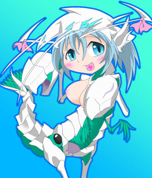 1girl amauchi animal_ears antennae aqua_eyes arthropod_limbs blue_background blue_eyes blue_hair blue_outline blush breasts claws commentary_request crab_claw exoskeleton extra_arms gradient_background hair_between_eyes heart looking_at_viewer mon-musu_quest! mon-musu_quest:_paradox monster_girl nipples outline partial_commentary pink_ribbon ribbon short_hair shrimp_girl shrimp_tail solo sully_(mon-musu_quest!) tail