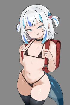 1girl backpack bag bikini black_bikini black_choker black_thighhighs blue_eyes blue_hair cameltoe choker closed_mouth dot_nose eyebrows eyelashes fang feet_out_of_frame female_focus fins fish_tail flat_chest from_above gawr_gura grey_background highres hololive hololive_english loli looking_at_viewer medium_hair mesugaki micro_bikini multicolored_hair naughty_face navel nerumichi randoseru red_bag shark_girl shark_tail simple_background smile smug solo standing streaked_hair swimsuit tail thighhighs two-tone_hair two_side_up variant_set virtual_youtuber white_hair