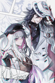 Rule 34 | 1boy, 1girl, absurdres, artist name, ashveil (honkai: star rail), black hat, blunt bangs, blurry, chen li, chinese commentary, closed mouth, coat, commentary request, couple, depth of field, glasses, gloves, gradient hair, grey background, hair over one eye, hand on own head, hat, height difference, highres, holding, holding pen, honkai: star rail, honkai (series), jewelry, layered clothes, long hair, long sleeves, looking at viewer, looking to the side, monochrome background, multicolored hair, multiple girls, necklace, nihilux (honkai: star rail), open clothes, open coat, pen, purple eyes, purple hair, shade, sketch, standing, two-tone hair, upper body, vest, wavy hair, western comics (style), white coat, white hair, white hat