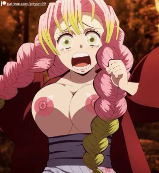 1girl animated animated_gif artyum99 bouncing_breasts braid breasts breasts_out collarbone green_eyes green_hair jacket japanese_clothes kanroji_mitsuri kimetsu_no_yaiba kimono large_breasts mole mole_under_eye multicolored_hair nipples nude nude_filter open_clothes open_jacket open_mouth pink_hair running sash tearing_up teeth third-party_edit twin_braids two-tone_hair yukata