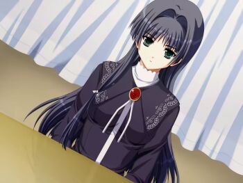 1girl black_dress black_hair curtains doko_e_iku_no_ano_hi dress expressionless game_cg green_eyes kanno_touko kunimi_ema long_hair non-web_source official_art serious table