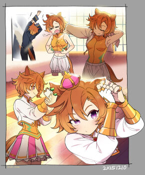 1girl 2025 animal_ears artist_name bloomers breasts chest_jewel closed_eyes corset crown dated dressing earrings fingerless_gloves gloves gold_corset gold_ring gold_vambraces hair_between_eyes highres horse_ears horse_girl horse_tail indoors jewelry long_sleeves medium_breasts mini_crown mirror multiple_rings navel official_alternate_costume orange_hair pink_crown pleated_skirt purple_eyes ring shirt short_hair skirt solo stretching t.m._opera_o_(o_sole_suo!)_(umamusume) t.m._opera_o_(umamusume) tail ttuk_san two-tone_skirt umamusume underwear white_bloomers white_shirt window