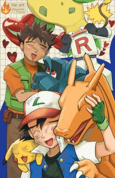 3boys absurdres ash_ketchum black_gloves black_hair black_shirt brock_(pokemon) brown_hair brown_pants charizard closed_eyes dark-skinned_male dark_skin gen_1_pokemon gen_2_pokemon gloves grid_background hat heart highres holding holding_pokemon james_(pokemon) makoto_(majime_5416) male_focus multiple_boys nintendo on_shoulder open_mouth orange_shirt pants pikachu pineco pokemon pokemon_(anime) pokemon_(classic_anime) pokemon_(creature) pokemon_on_shoulder shirt victreebel white_pants