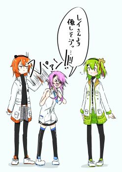 >_< 3girls :d a.i._voice adachi_rei black_leggings black_shirt black_thighhighs blue_necktie buttons cevio chaun_meguri closed_mouth drawstring dress fee_(cevio) full_body gear_hair_ornament gloves green_hair green_skirt grey_skirt hair_between_eyes hair_ornament hair_ribbon hairclip headlamp highres hitting jacket jitome kinazuki leggings long_hair long_sleeves looking_at_another medium_hair multiple_girls necktie one_side_up open_clothes open_jacket open_mouth orange_hair original pigeon-toed purple_hair radio_antenna red_ribbon ribbon shirt shoes short_dress simple_background skirt sleeveless sleeveless_dress smile speech_bubble standing tareme thighhighs turtleneck utau white_dress white_footwear white_gloves white_jacket xd zettai_ryouiki