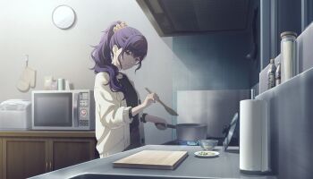 Rule 34 | 1girl, asahina mafuyu, belt, black shirt, blue eyes, blue fire, breasts, buttons, cardigan, clock, collarbone, colorful palette, cooking, cooking oil, cooking pot, expressionless, fire, game cg, high ponytail, highres, holding, holding spatula, indoors, kitchen, long sleeves, looking at object, medium breasts, medium hair, microwave, multicolored eyes, official art, open cardigan, open clothes, pants, ponytail, project sekai, purple eyes, purple hair, shirt, sleeves rolled up, solo, spatula, steam, third-party source, two-tone eyes, unreliable notes (project sekai), upper body, wall clock, white cardigan