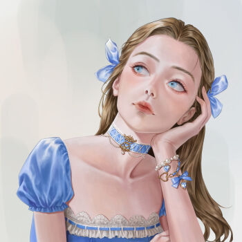 1girl blue_bow blue_collar blue_eyes blue_shirt bow bracelet brown_hair charm_(object) closed_mouth collar collarbone commentary detached_sleeves english_commentary eyelashes forehead frilled_shirt frills grey_background hair_bow heart-shaped_charm highres jewelry long_hair looking_to_the_side matta_a original pearl_bracelet realistic red_lips shirt short_sleeves sideways_glance solo straight_hair strapless strapless_shirt upper_body wrist_bow