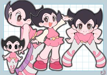 Rule 34 | 1girl, arm up, artist name, bare arms, belt, black eyes, black hair, brown eyes, closed mouth, commentary, commission, dress, full body, grid background, hands on own hips, leaning forward, legs apart, looking at viewer, looking to the side, miyata (lhr), multiple views, open mouth, panties, pants, pink belt, pink dress, pink pants, pink shirt, pink shoes, shirt, shoes, short dress, short hair, sleeveless, sleeveless shirt, smile, striped clothes, striped pants, tetsuwan atom, two-tone pants, underwear, uran (tetsuwan atom), white panties, white sleeves, yellow belt