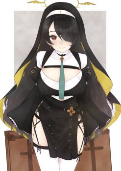 1girl black_hair blue_archive breasts frills green_necktie halo highres hinata_(blue_archive) looking_at_viewer necktie one_eye_covered red_eyes simple_background suama0801 thighhighs trinity_general_school_logo