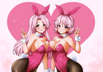 2girls animal_ear_hairband animal_ears asymmetrical_docking bare_shoulders blush bow bowtie breast_press breasts brown_pantyhose cleavage covered_navel detached_collar fake_animal_ears giuseppe_garibaldi_(kancolle) gradient_background hairband highres kamiya_tadato kantai_collection large_breasts leotard long_hair looking_at_viewer luigi_di_savoia_duca_degli_abruzzi_(kancolle) multiple_girls open_mouth pantyhose pink_background pink_eyes pink_hair pink_leotard playboy_bunny rabbit_ear_hairband rabbit_ears rabbit_tail short_hair siblings sisters smile solo strapless strapless_leotard tail white_wrist_cuffs wrist_cuffs