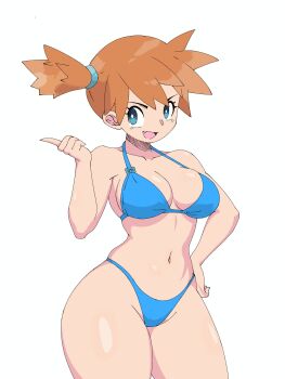 1girl :d bikini blue_bikini blue_eyes bocci breasts bright_pupils cleavage collarbone cowboy_shot fang hand_on_own_hip hand_up index_finger_raised large_breasts looking_at_viewer medium_breasts misty_(pokemon) navel nintendo open_mouth orange_hair pokemon pokemon_(anime) pokemon_(classic_anime) pokemon_rgby ponytail short_hair side_ponytail simple_background smile solo swimsuit thick_thighs thighs white_background white_pupils wide_hips