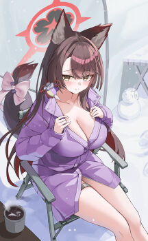 1girl absurdres animal_ear_fluff animal_ears blue_archive blush bow breasts brown_hair chair cleavage closed_mouth coffee_mug collarbone commentary cup doodle_sensei_(blue_archive) fox_ears fox_girl fox_tail from_above hair_between_eyes hair_intakes hair_ornament halo highres jacket jacket_tug large_breasts light_particles long_hair looking_at_viewer lovehaejo mug naked_jacket on_chair outdoors pink_bow purple_jacket red_halo sensei_(blue_archive) sidelocks sitting sleeves_past_wrists smile snow snowing snowman solo steaming_cup symbol-only_commentary table tail tail_bow tail_ornament thigh_strap thighs very_long_hair wakamo_(blue_archive) wing_collar yellow_eyes zipper