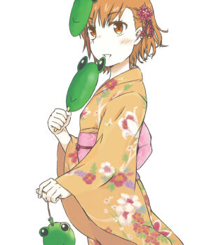 Rule 34 | 1girl, brown eyes, brown hair, commentary, cowboy shot, floral print, flower, frog mask, from side, gekota, green mask, hair flower, hair ornament, hand fan, hand up, holding, holding fan, japanese clothes, kimono, light blush, light smile, mask, mask on head, misaka mikoto, official style, orange kimono, pink sash, red flower, sash, short hair, simple background, solo, standing, toaru kagaku no railgun, toaru majutsu no index, white background, wide sleeves, yakutashi, yukata