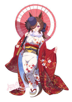 1girl :o alternate_costume animal_ears blue_bow blue_hat bow brown_hair floral_print floral_print_kimono full_body fur_collar hair_bow hair_over_one_eye haori hashtag-only_commentary hat highres holding holding_umbrella horse_ears horse_girl horse_tail japanese_clothes kimono long_hair long_sleeves looking_at_viewer obi oil-paper_umbrella open_mouth pinching_sleeves pink_umbrella print_kimono purple_eyes red_haori rice_shower_(umamusume) sandals sash shirt signature simple_background solo tail umamusume umbrella watermark white_background white_kimono white_shirt yellow_sash yomean! zouri