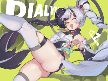 Rule 34 | 1girl, ae h1ryu, animal print, bare shoulders, bear print, black hair, braid, braided twintails, chakram, china dress, chinese clothes, commentary request, corded phone, detached sleeves, dialyn (zenless zone zero), dress, earrings, hair extensions, hair ornament, highres, jewelry, long hair, looking at viewer, multicolored hair, open mouth, panda hair ornament, panda print, phone, solo, split-color hair, weapon, white hair, yellow eyes, zenless zone zero